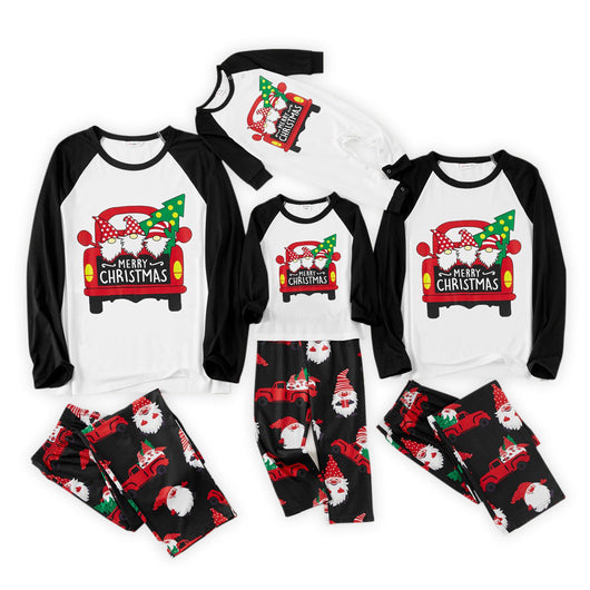 White and black raglan long-sleeve Christmas pajama top with red truck and gnome graphic, black gnome print pajama pants. - Image 12