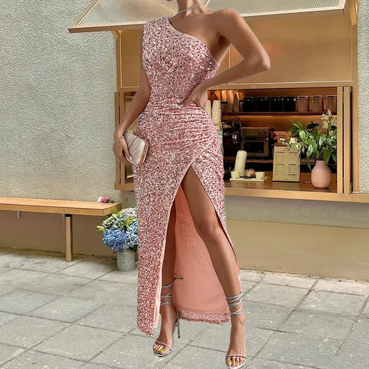 Vestido Elegante con Lentejuelas en Hombro y Abertura Frontal - Image 14