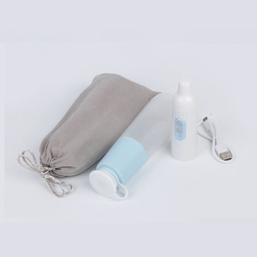 Portable electric bidet with translucent water bottle, white handheld spray unit, USB cable, and grey travel pouch. - Image 6