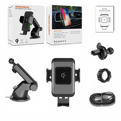 Grey and black 10W fast wireless car charger with automatic clamping arms and a vent mount, featuring a green indicator light. - Image 7