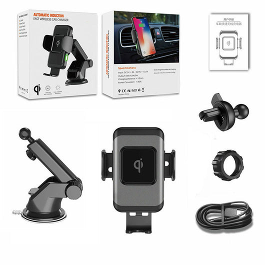 Grey and black 10W fast wireless car charger with automatic clamping arms and a vent mount, featuring a green indicator light. - Image 7
