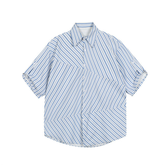 Cardigan Suelto Azul Rayado con Costuras Irregulares para Hombre - Image 16
