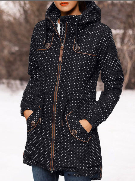 Chaqueta Larga con Capucha y Estampado de Lunares