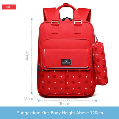 Blue kids' school backpack with white star pattern, front pocket, and matching pencil case. Measures 40x30x13cm. - Image 8