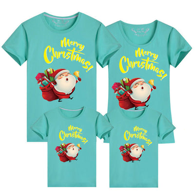 Light green parent-child short sleeve t-shirts with Santa Claus graphic and 'Merry Christmas!' text.