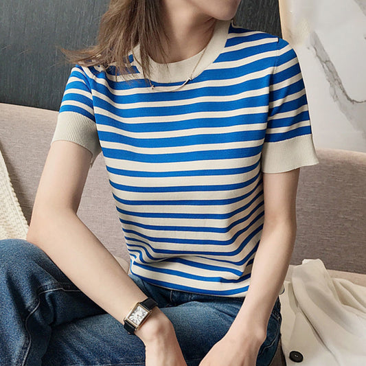 Blusa Holgada Ice Silk a Rayas con Cuello Redondo para Mujer