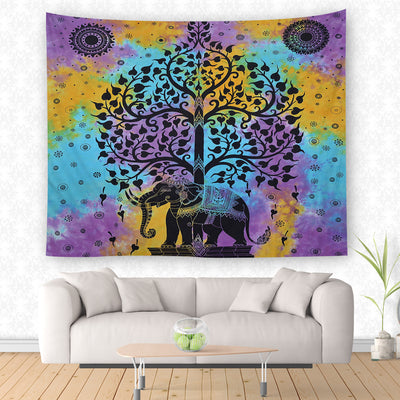 Colorful tie-dye tapestry with a black silhouette of an elephant under a tree with heart-shaped leaves and mandala patterns. - Image 4