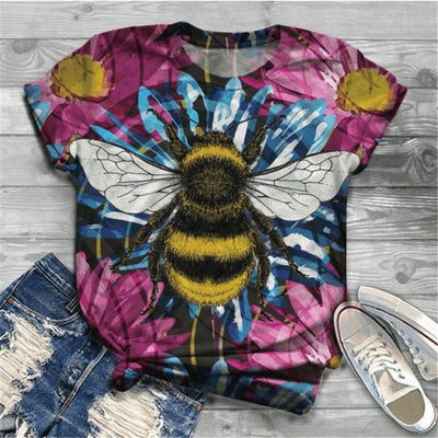 Playera Casual Estampado de Abejas Cuello Redondo Manga Corta Suelta para Mujer - Image 11