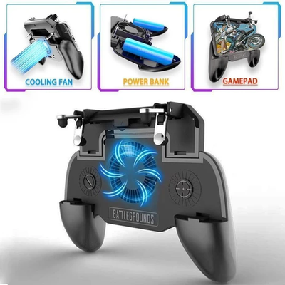 Black 3-in-1 phone gamepad with blue cooling fan, trigger buttons, and ergonomic grips for mobile gaming. - Image 8