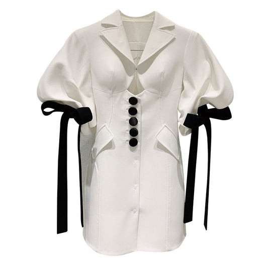 Vestido Blanco con Moño y Mangas Puff Diseño Exclusivo - Image 2