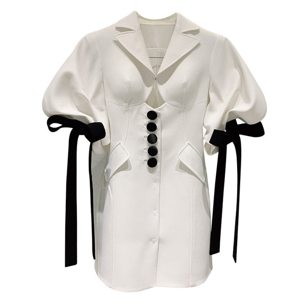 Vestido Blanco con Moño y Mangas Puff Diseño Exclusivo