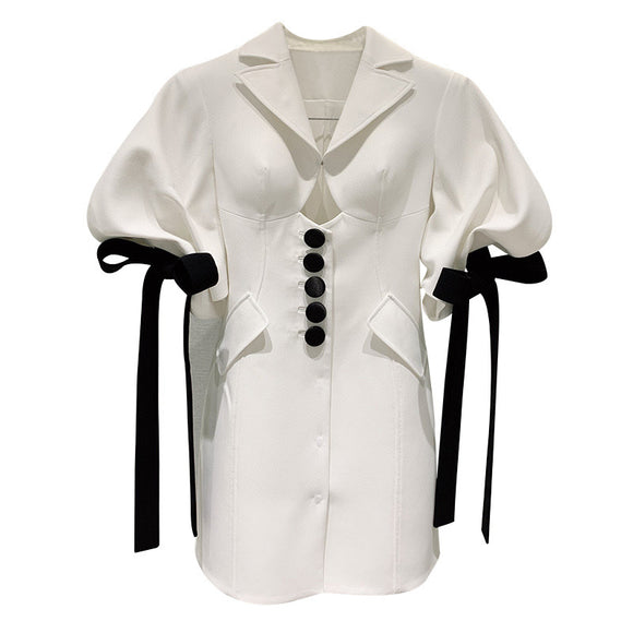 Vestido Blanco con Moño y Mangas Puff Diseño Exclusivo