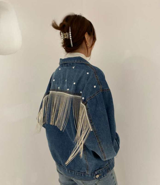 Chaqueta de Mezclilla para Mujer con Borlas de Diamantes - Image 2