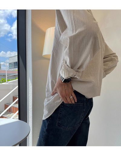 Camisa Casual Holgada de Manga Larga a Rayas para Hombre - Image 18