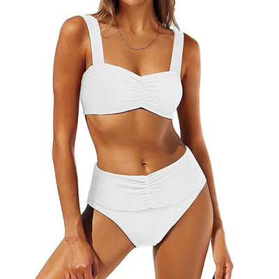 White pleated bikini with wide shoulder straps and high-waisted ruched bottom on a model. - Image 9