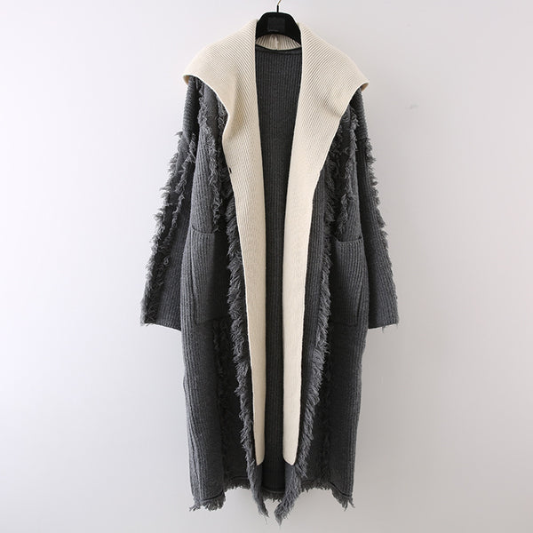 Cardigan Tejido con Capucha y Borlas - Suéter Falsa Dos Piezas Largo