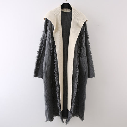 Cardigan Tejido con Capucha y Borlas - Suéter Falsa Dos Piezas Largo