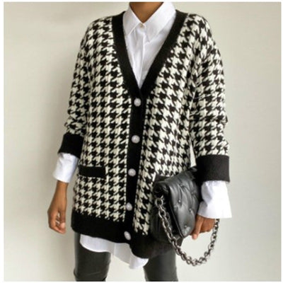 Cardigan Suelto Tipo Suéter Pied de Poule Casual Urbano
