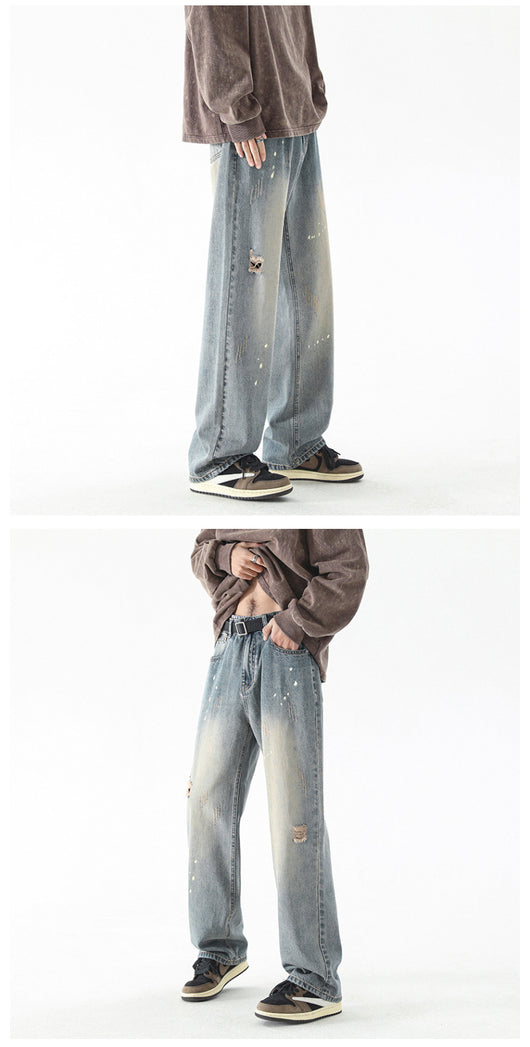 Pantalones Vaqueros Rectos con Desgarre Lavado a Agua para Hombre - Image 9
