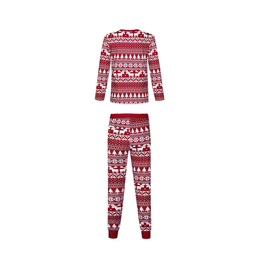 Red and white Christmas pajama set with long-sleeve top and pants, featuring a Fair Isle reindeer and tree print. - Image 4