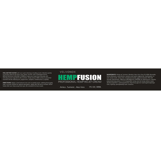 Velvonox HempFusion Professional Hemp Relief Cream label, 1 fl oz, with Arnica, Turmeric, and Aloe Vera.