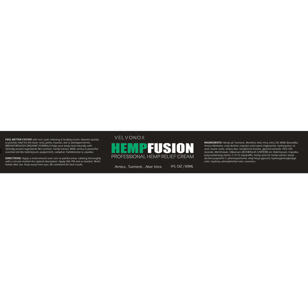 Velvonox HempFusion Professional Hemp Relief Cream label, 1 fl oz, with Arnica, Turmeric, and Aloe Vera.