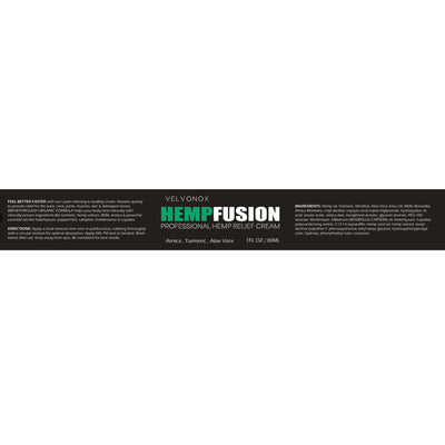 Velvonox HempFusion Professional Hemp Relief Cream label, 1 fl oz, with Arnica, Turmeric, and Aloe Vera.