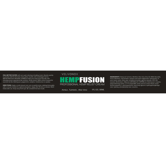 Velvonox HempFusion Professional Hemp Relief Cream label, 1 fl oz, with Arnica, Turmeric, and Aloe Vera.