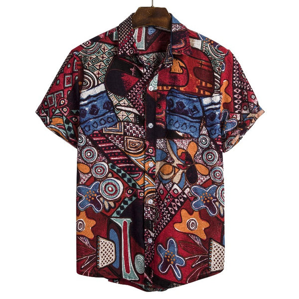 Camisa de Lino Estampado Étnico Africano para Hombre