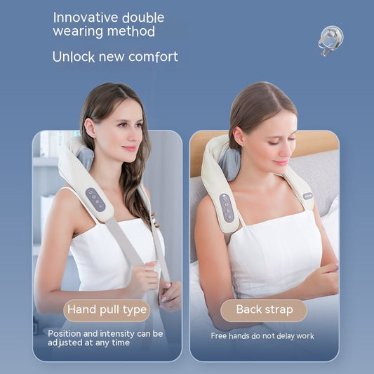 Light gray shoulder and neck massager with blue trim, featuring control buttons and adjustable straps. - Image 2