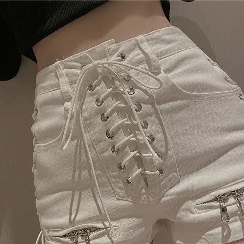 Shorts Denim Cintura Alta con Cierre y Tirantes para Mujer - Image 8