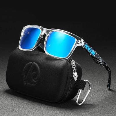 Men's and women's dazzling blue and black striped polarized sunglasses with gray lenses and a black case. - Image 6