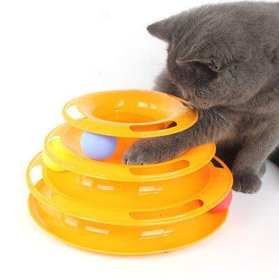 Pink four-layer cat turntable toy with colorful balls on each track, measuring 16cm high and 29cm wide. - Image 5