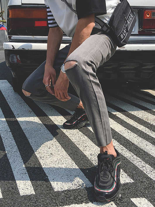 Jeans Slim Fit Rotos en las Rodillas Estilo Coreano para Hombre