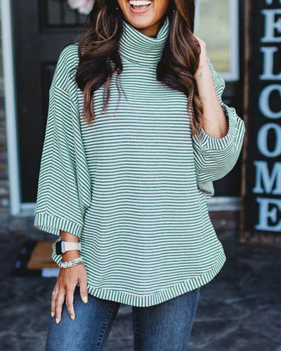 Blusa Casual de Cuello Alto con Estampado a Rayas para Mujer - Image 9
