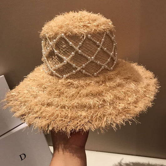 Sombrero de Rafia Tejido a Mano con Perlas - Colección Verano
