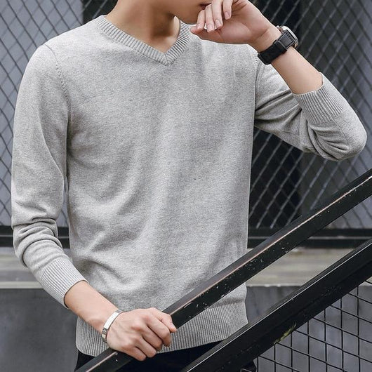 Suéter de Punto Coreano Slim Fit Cuello V Color Sólido Algodón Premium - Image 9