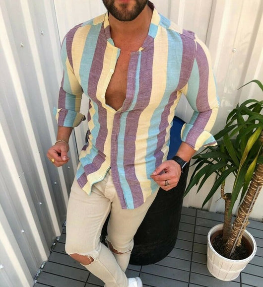 Camisa Ejecutiva de Rayas Amarilla con Cuello en V y Manga Larga - Image 6