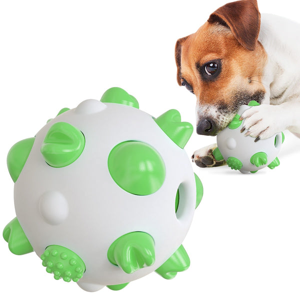 White and teal spherical dog toy with textured nubs for dental cleaning, shown with a dog chewing a similar toy.