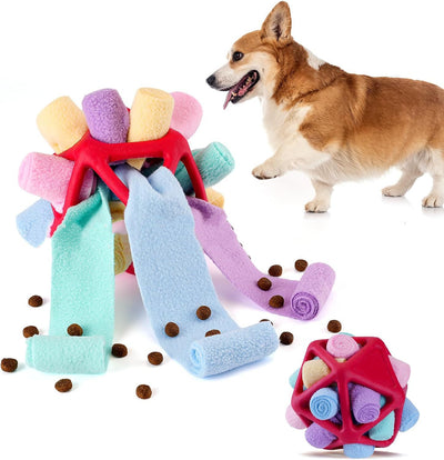 Colorful pet sniffing ball interactive toy with rolled fabric strips, shown with a corgi and scattered kibble. - Image 5