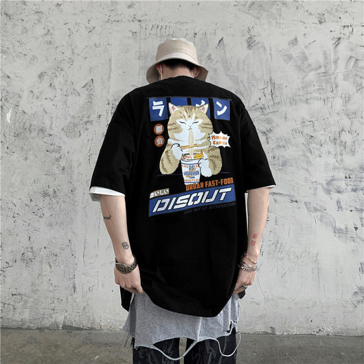 Playera Holgada con Estampa de Gato Estilo Coreano Manga Corta para Hombre - Image 2