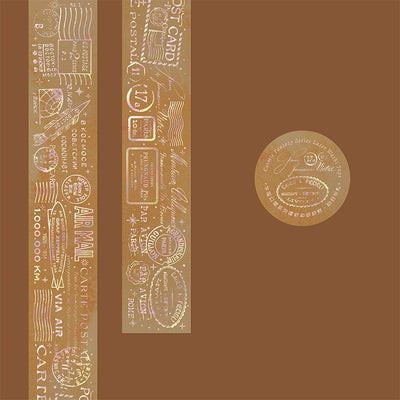 Retro laser washi tape with holographic postal stamps, airmail markings, and travel-themed text on a brown background. - Image 5