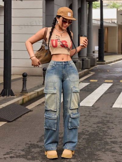 Pantalones Cargo Vintage Lavados con Múltiples Bolsillos - Image 9