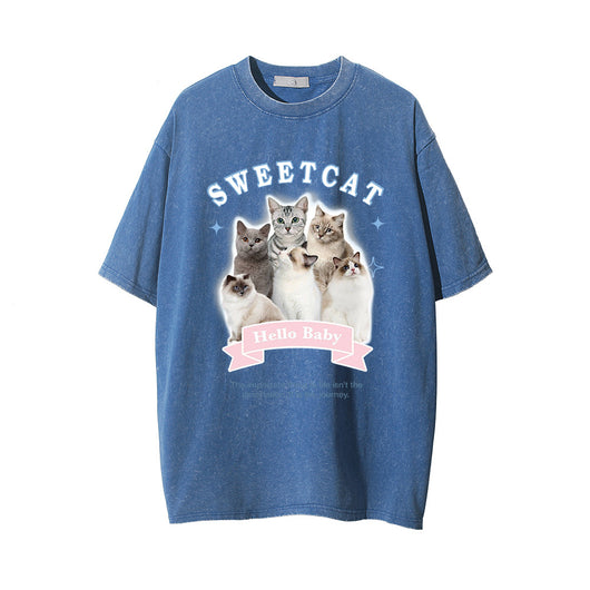 Camiseta Estampado Gatito Efecto Desgastado Manga Corta para Hombre - Image 10