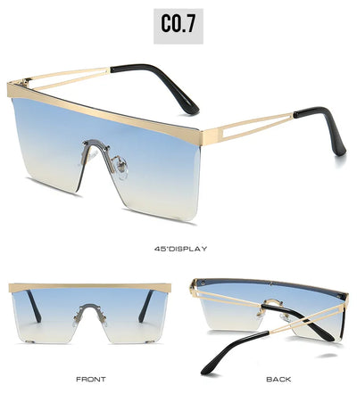 Gold frame square sunglasses with a one-piece gradient blue lens and black temple tips. - Image 25