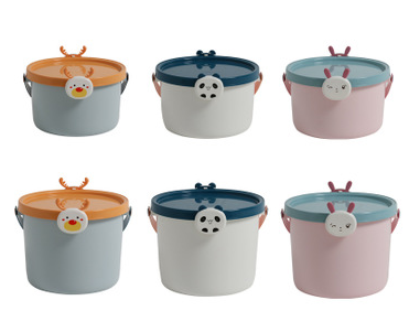 Two plastic storage buckets, one small and one large, with light blue bodies and orange lids featuring cartoon reindeer faces. - Image 9