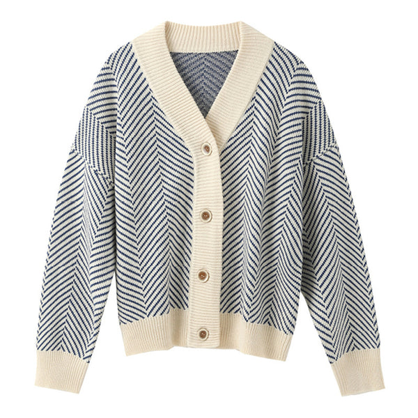 Cardigan de Punto Rombos Estilo Literario y Desenfadado con Escote en V