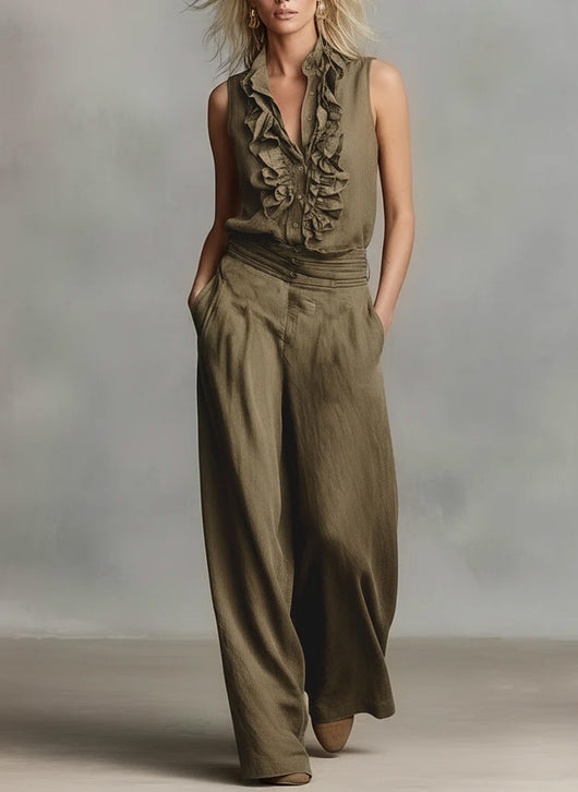 Conjunto Elegante de Lino: Blusa sin Mangas y Pantalón de Pierna Ancha - Image 12