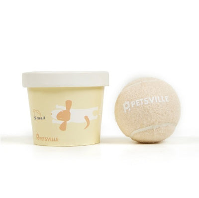Beige Petsville tennis ball for dogs in a light yellow cylindrical container with a playful dog illustration. - Image 23