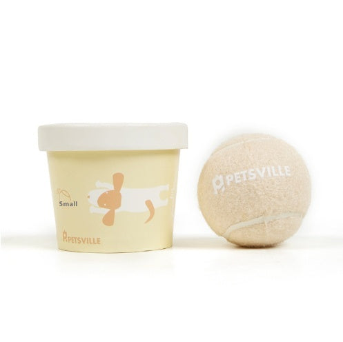 Beige Petsville tennis ball for dogs in a light yellow cylindrical container with a playful dog illustration. - Image 23